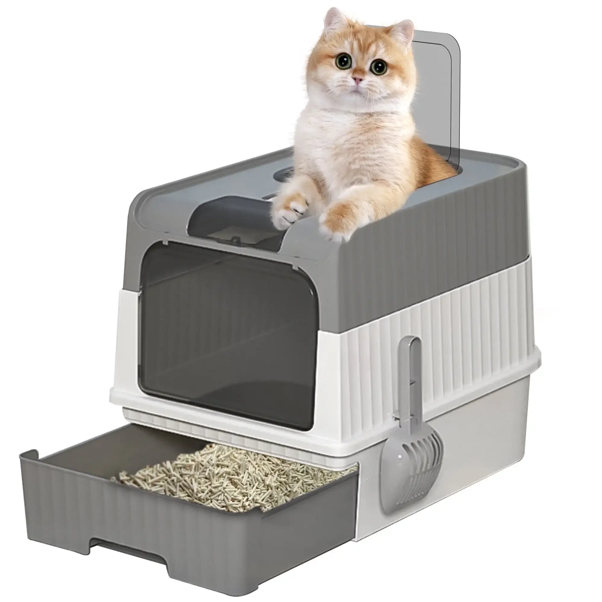 

Enclosed Cat Litter Box with Lid, Large Litter Scoop High Wall Sides Enclosure(Grey)