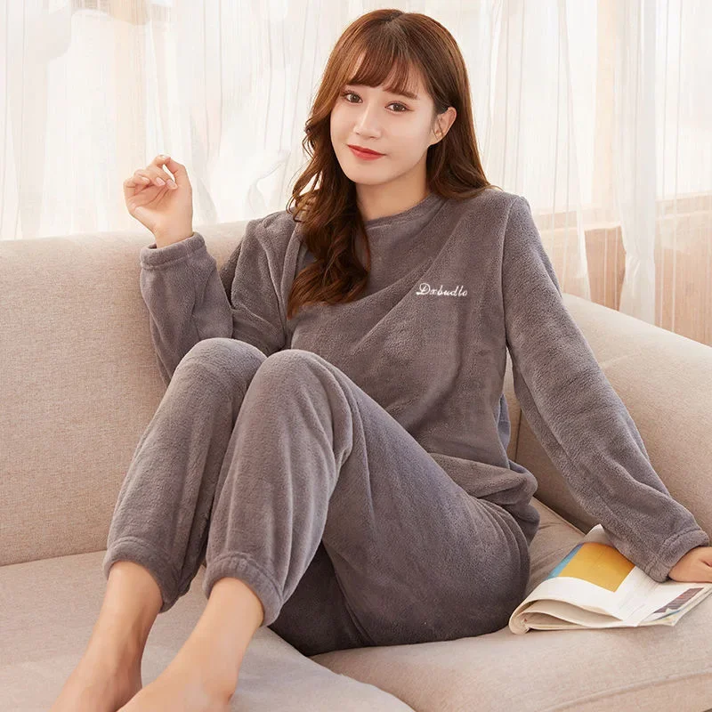 2024 Winter Pyjamas Warm Flannel Women Thick Leisure Wear Simplicit Coral Velvet Long Sleeve Solid Sleepwear Pajamas Set