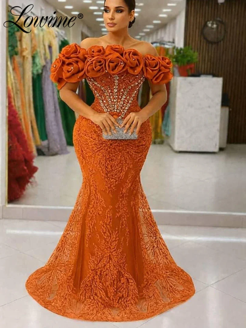 

Orange Floral Mermaid Prom Dress African Flowers Off Shoulder Evening Dress Aso Ebi Crystals Engagement Party Gowns Customized