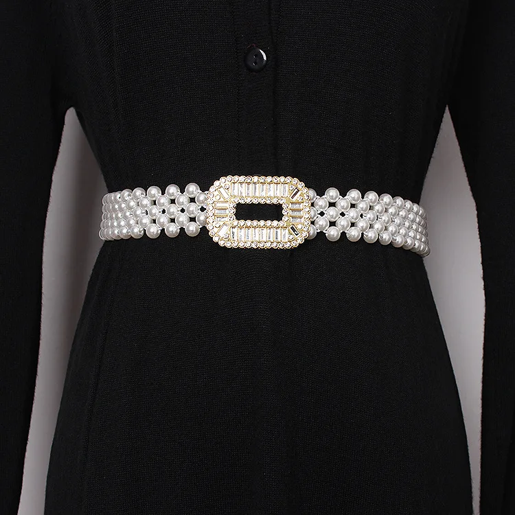 Luxury Fashion Elegant Lady Pearl Waist Belts  Elastic Pearl Chain Belt for Women Waist Decoritive Girls Dress Crystal Strap