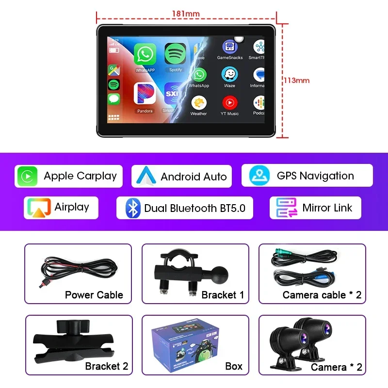 Srnubi 7 inch motorfiets DVR draagbare draadloze CarPlay Android Auto scherm GPS-navigatie AI Voice Dual Bluetooth IP67 waterdicht