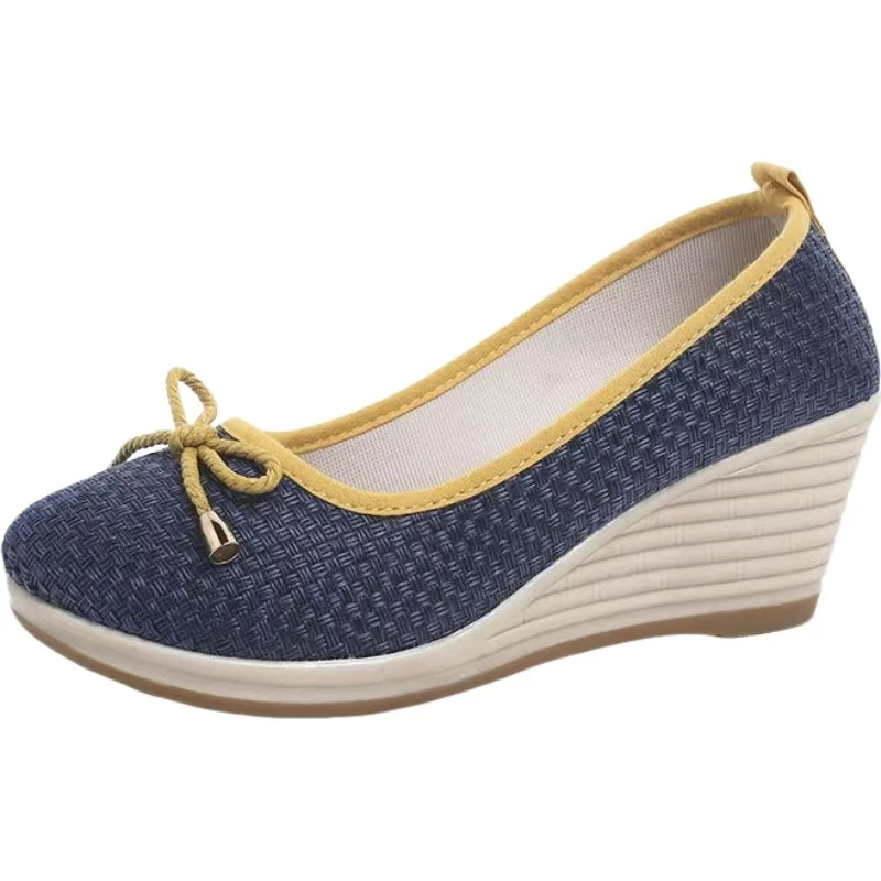 2026 New Women Wedges Big Size Cloth Shoes Spring Autumn New Soft sole Round Toe Shallow Slip On Bowknot High Heel Nude Shoes view 5