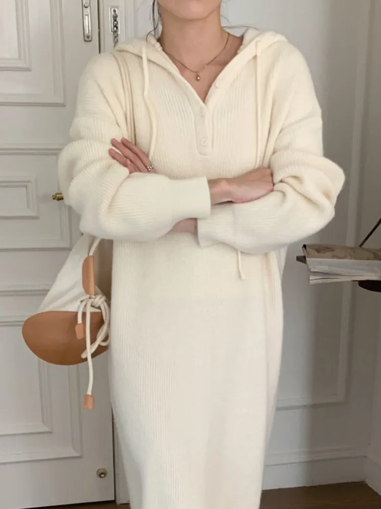 가을 겨울 부드럽고 포근한 후드 니트 여성 루즈 롱 스웨터 한국 스타일 캐주얼 웨어 학교 및 거리용