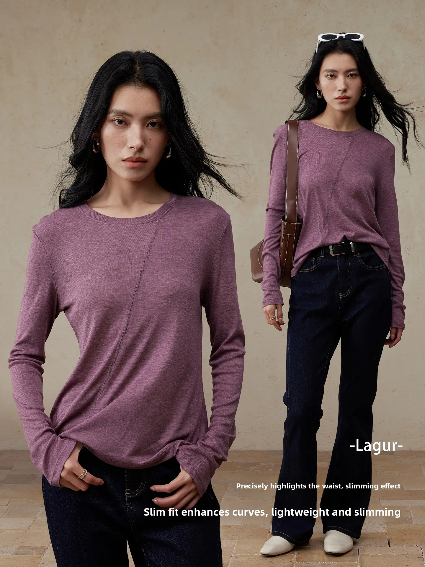 Damen Long Sve Round Ne Loose Fitn Irt T-Shirt Innenbekleidung Seide Lyocell Basisschicht Lässig Gestrickt Weiches Polyester