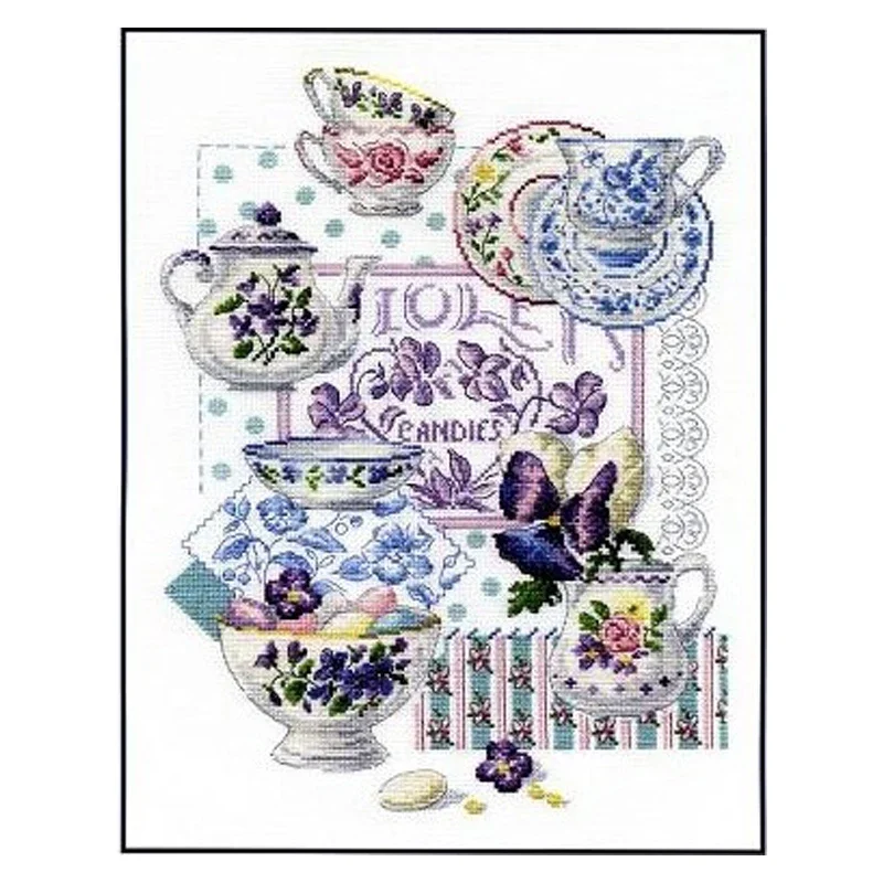 Amishop Count Canvas Cross Stitch Kits, Violet Candies, Strawberry Tableware, Blue and White porcelana, Haft, Robótki ręczne