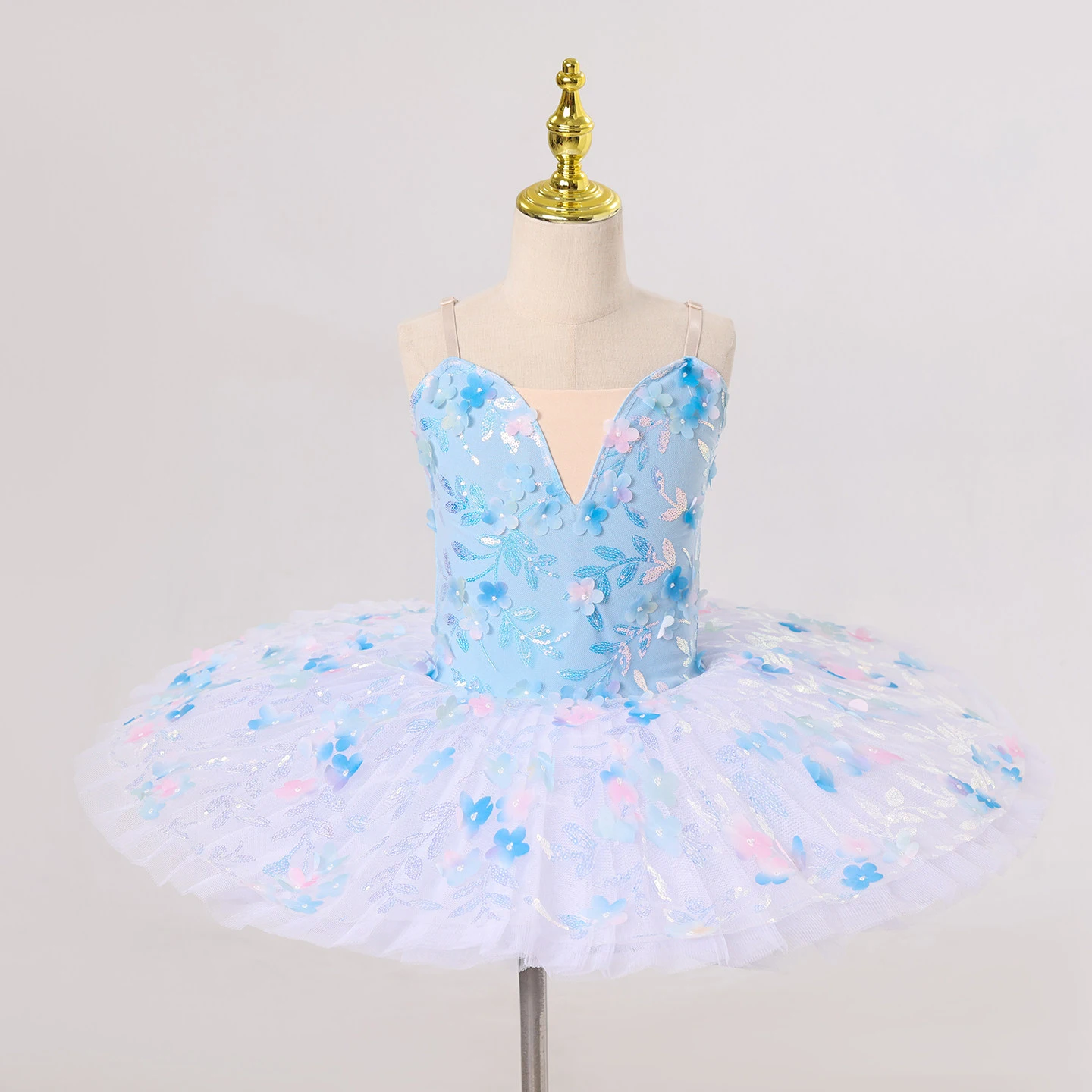 Girls Professional Blue Floral Sequin Ballet Tutu, Kids Tulle Ballerina Costume for Stage Performance, Competition
