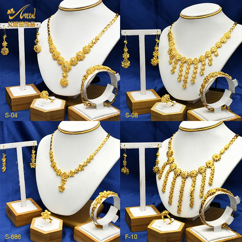 ANIID Indian 24k Gold Color Necklace Earrings Bracelet Ring Set Elegant Bridal Wedding Flower Shape Jewelry Sets for Dubai Lady