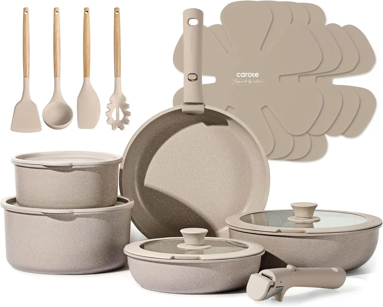 

19-Piece Nonstick Cookware Set with Detachable Handles, Induction Compatible, Oven Safe Taupe Kitchen Pots and Pans