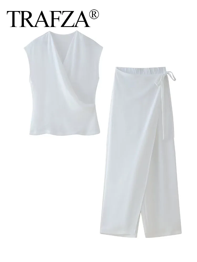 TRAFZA Female Summer Pants Suits Solid V-Neck Sleeveless Asymmetrical Tank Top+Elastic Waist Side Bow Lace-Up Baggy Pant Mujer