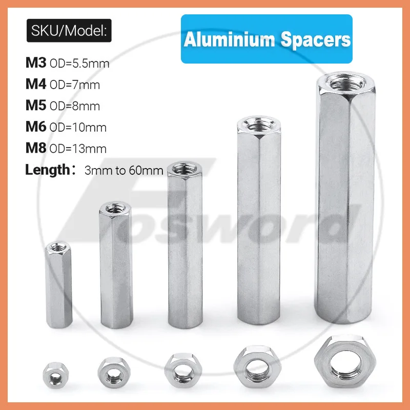 10PCS M3 M4 M5 M6 M8 Hex Aluminum Threaded Hexagon Standoff Spacer Stud Extend Long Coupling Nut Length 3mm to 60mm