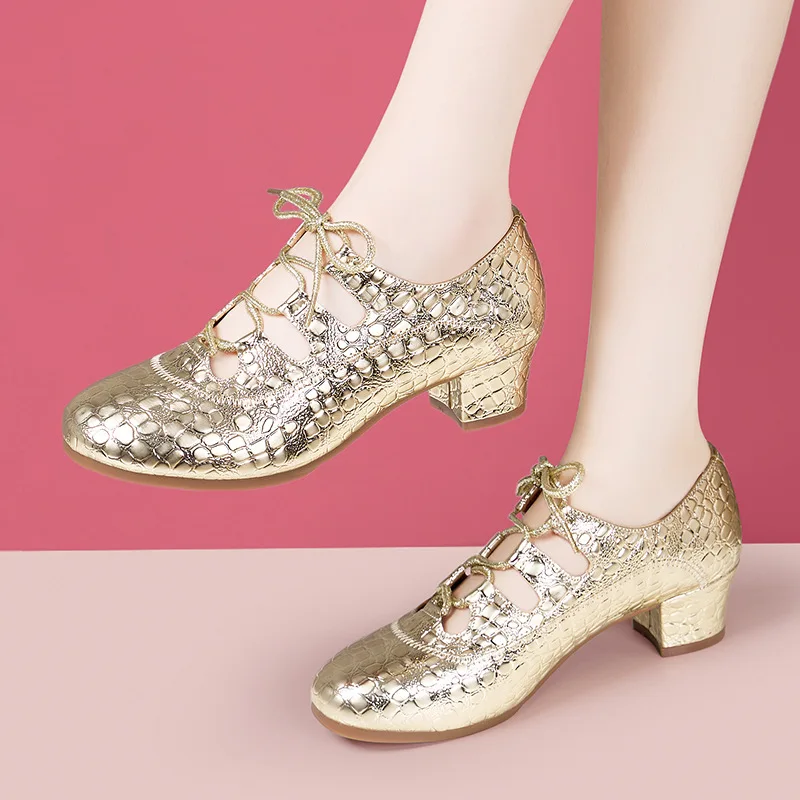 Genuine Leather Women Shoes New Gold Silver Dance Sneakers Women Bling Latin Shoes Soft Soles Modern Jazz Dance Shoes High Heels
