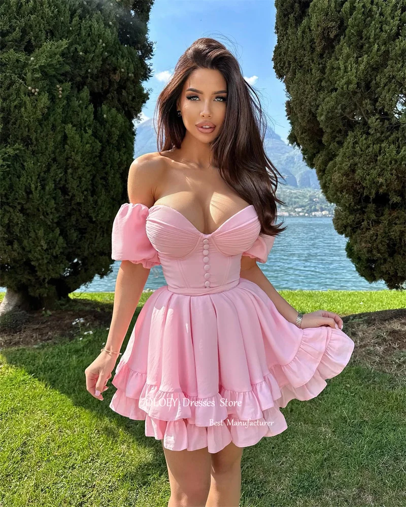 OLOEY Sexy Short Pink Prom Party Dresses Plunge V Neck Sweetheart Buttons Tiered Puff Short Sleeves Mini Cocktail Dress