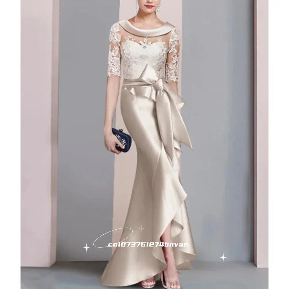 

Elegant Mermaid Long Mother Of The Bride Dress O-Neck Open Back Lace Appliques Half Sleeves Customized Women Formal Party Gown