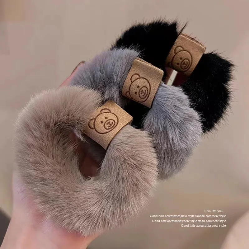 

Autumn and Winter Plush Patch Bear Towel Ring Hair Tie Korean Style Hair Accessories Headband Thick High Elastic Hair Rope