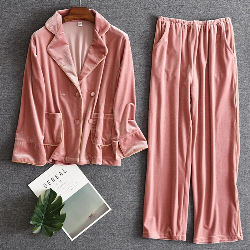 Autumn Winter Velvet Pajamas Set Sleepwear Long Sleeve Trouser Suits Pour Femme Sexy French Style Velour Female Pyjama Home Wear