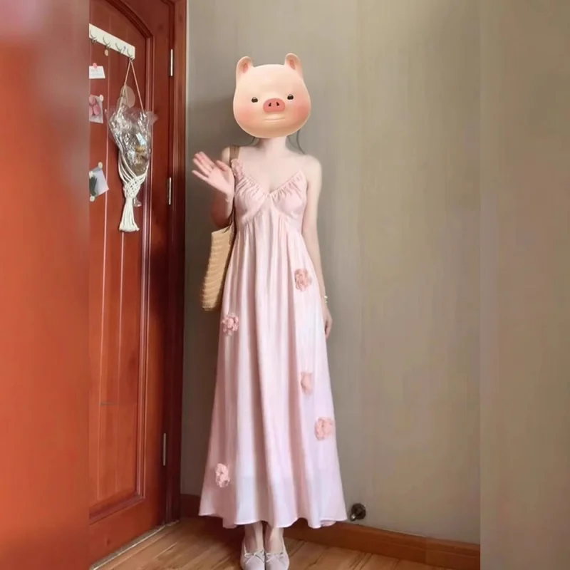 

Розовое платье на бретельках во французском стиле с 3D цветком, летнее милое пляжное длинное платье феи