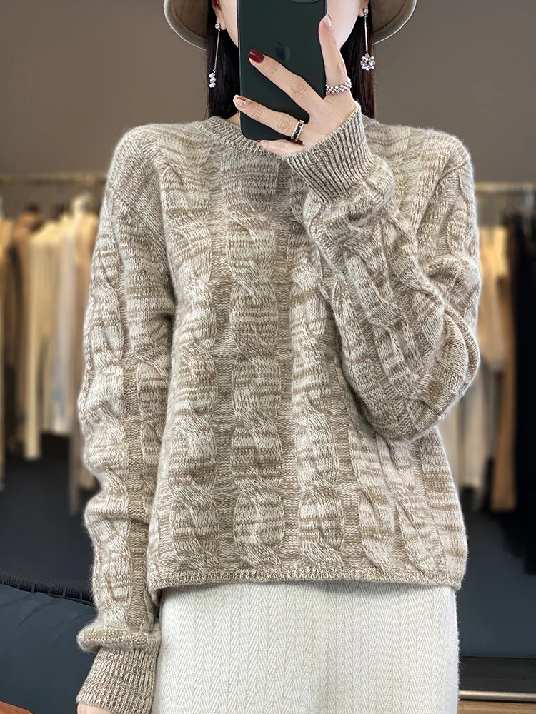 Autumn Winter Womens O-neck Multicolor Casual Cardigan Sweater 100% Merino High Quality Soft Wool Twist Flower Knitwear Tops