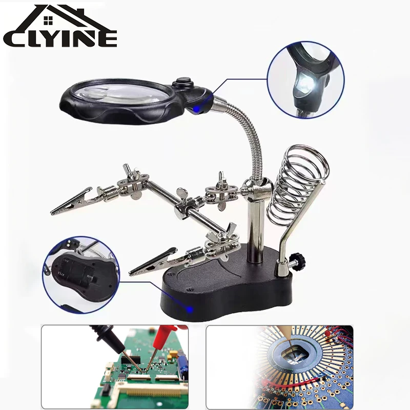 Soldering Iron Station Stand Welding Magnifying Glass Clip Clamp LED Light Desktop Magnifier Third Hand Soldering Repair Tool