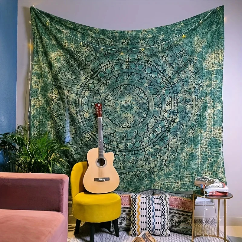 VIKAMA Green Boho Mandala Tapestry, Ethnic Floral Print Wall Hanging for Bedroom, Dorm & Hippie Home Decor
