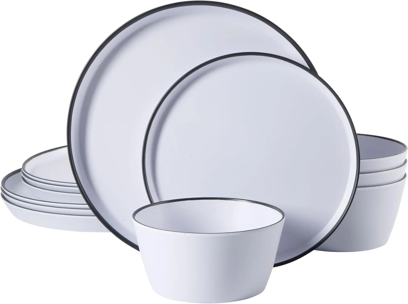 

12 Piece Unbreakable Modern Melamine Plates and Bowls Dinnerware Set - Outdoor, Camping, & Everyday Use - White W/Black Rim