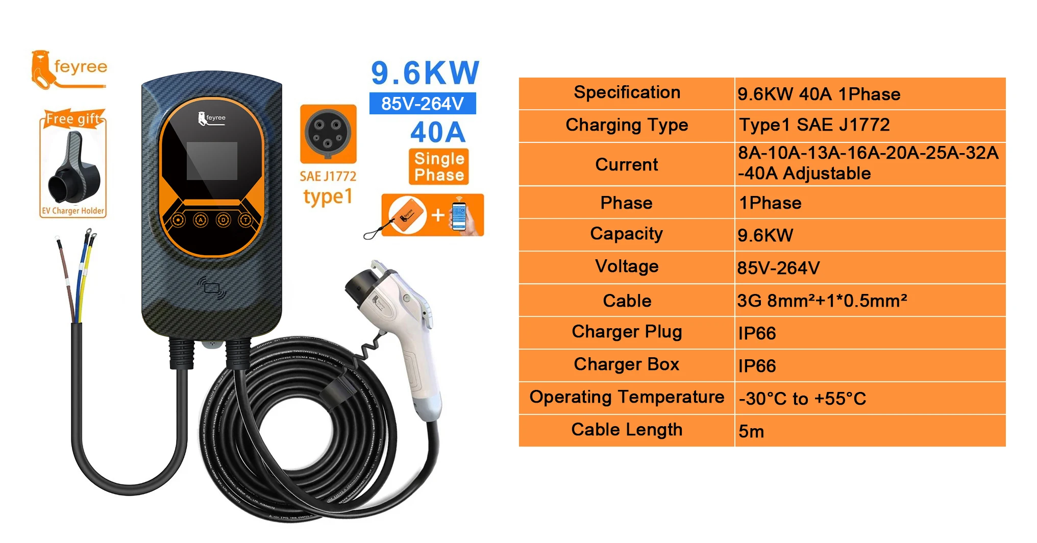 Feyree EV Charger Type1 EVSE Wallbox 32A 7.6KW 40A 9.6KW 50A 12KW 1Phase J1772 Adapter APP Control for Electric Vehicle Car