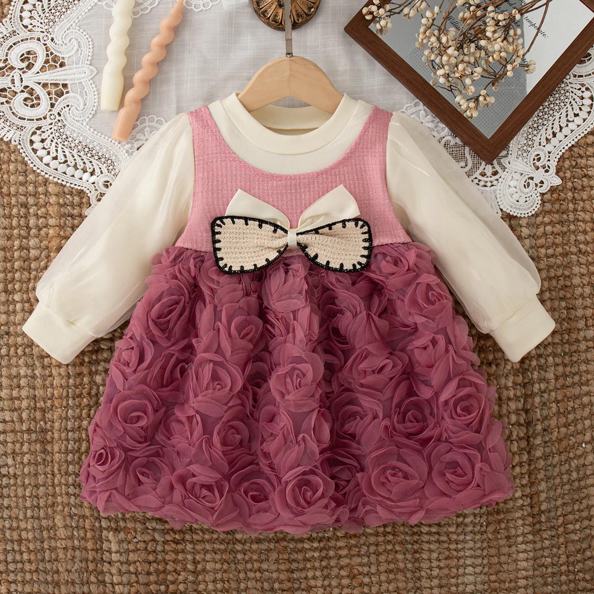 طفلة فستان الربيع والخريف القوس شبكة طويلة الأكمام فستان طفل لطيف الأميرة فتاة فستان طفلة الملابس #3