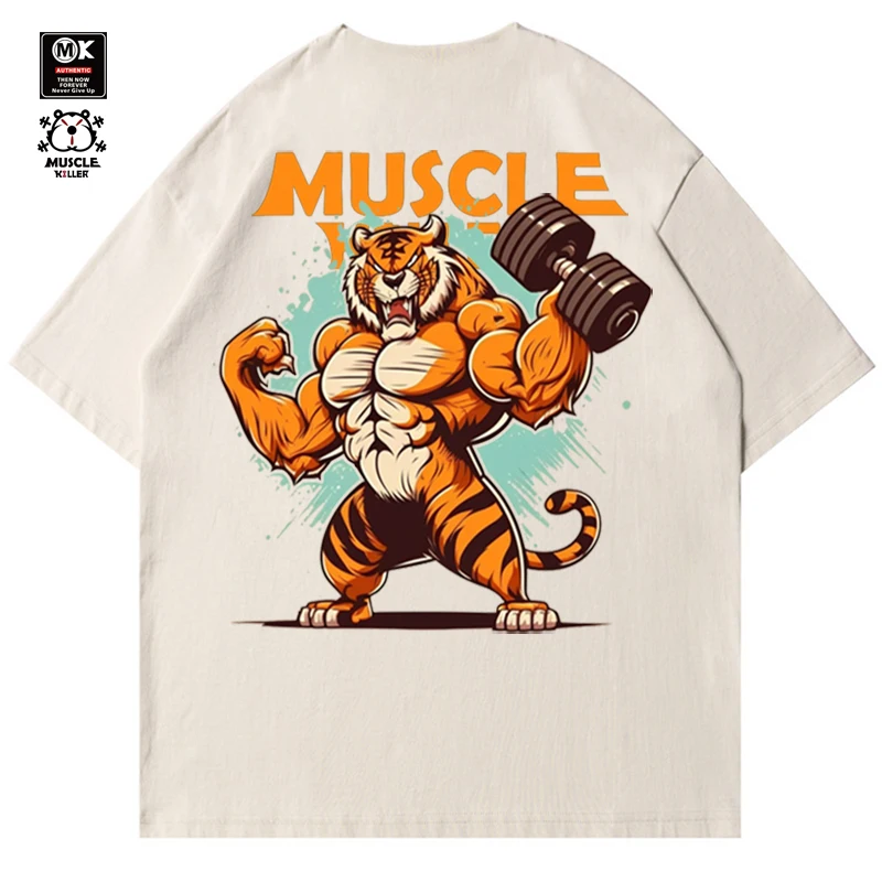 Muscle Killer Dumbbell Tiger Cotton Loose Fit Gym Sports T-shirt Running Men's Fashion Brand Summer Training Short Sleeve