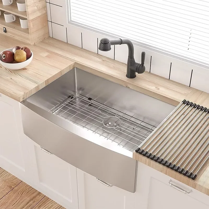 Modern American Style Waterfall Kitchen Sink Stainless Steel Undermount Bar Prep Sink with Drainboard Farmhouse Design