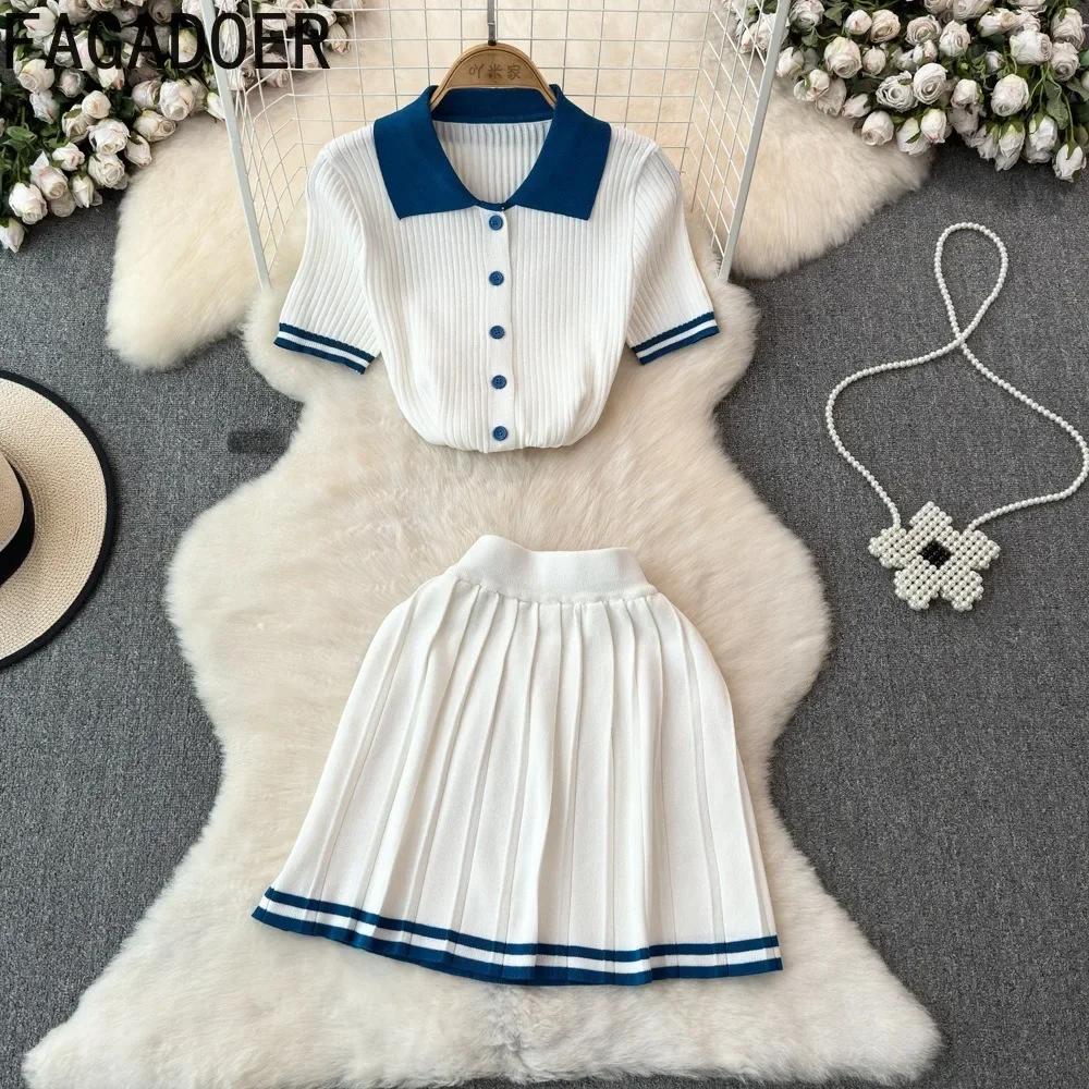 FAGADOER Elegant Knit 2 Piece Sets Women Outfit Stripe Patchwork Lapel Crop Top And Mini Pleated Skirt Suits Autumn New