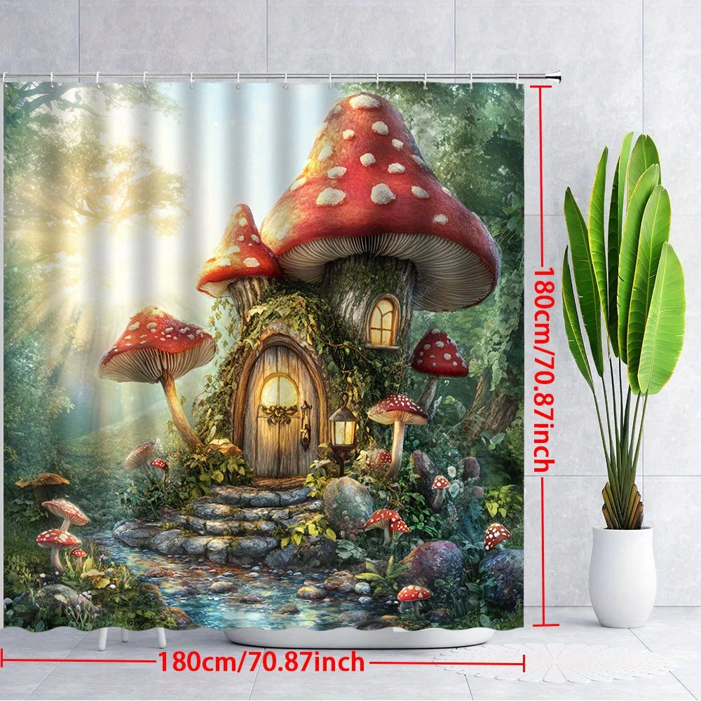 Занавеска для душа Enchanted Forest Cottage — красные грибы, покрытые мхом, дизайн фонариков, мягкий золотой солнечный свет
