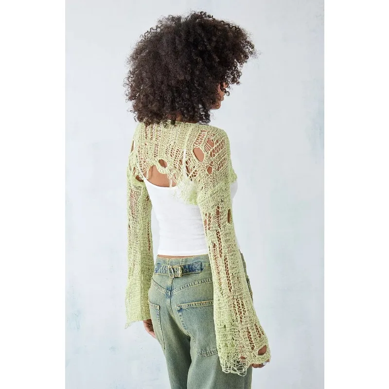 Y2K Aesthetic Chic Green Knit T-shirt Cover-up Long Sleeve O-neck Hollow Out Crochet Crop Top Women Ripped Summer Streetwear