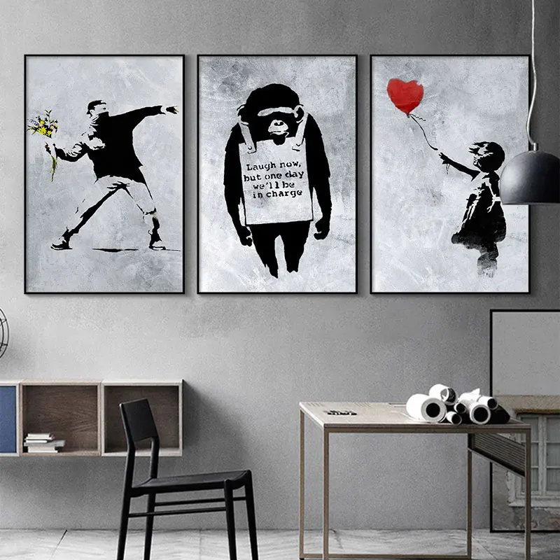 Famous Master Banksy Black and White Tide Brand Graffiti Art Poster Mural Sofa Background Wall Living Room Bedroom Decoration