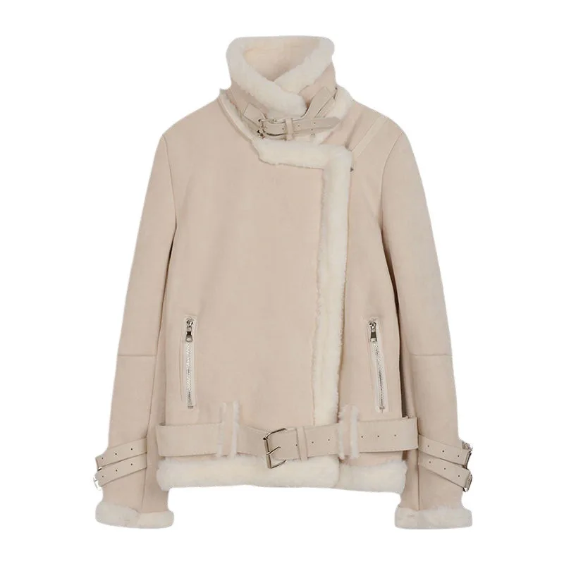 سترة نسائية من فرو الضأن الصناعي من الجلد والفراء مع حزام معطف قطيفة بسحاب وأكمام طويلة سترات منفوشة معاطف شتوية سميكة فروي