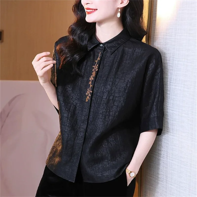 

Black Mulberry Silk Blouse Women's Shirts Turtle Crack Shirt Embroidered Top Half Sleeve Light Luxury High Grade Cardigan Shirts