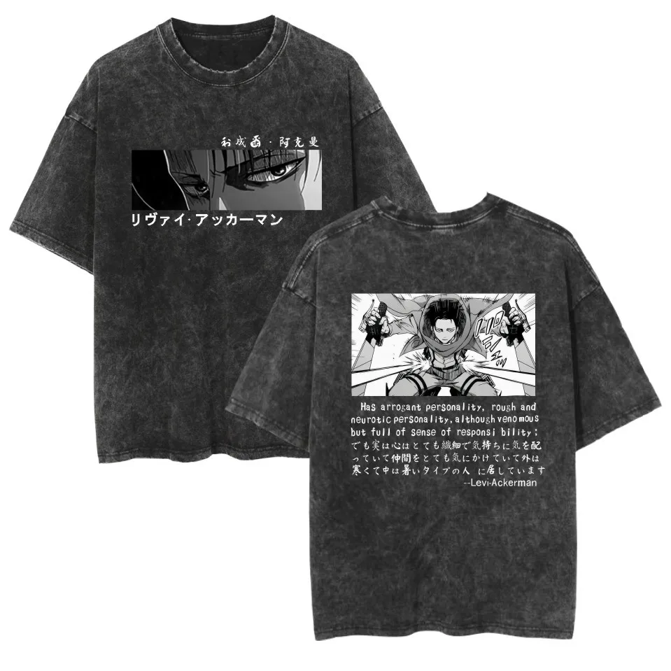 Hot Anime Attack On Titan Eren Jaeger Mikasa Ackerman Print Washed Tshirt Men Vintage Tee Cotton T-shirt Harajuku Manga T Shirt
