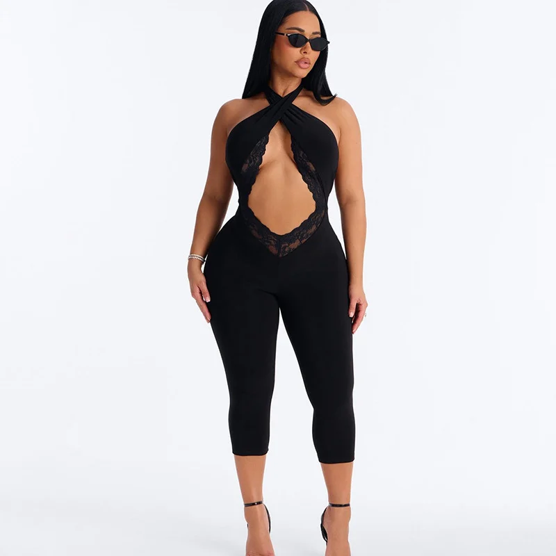 Sexy Lace Patchwork Bodycon Rompers Woman Jumpsuit Bandage Halter Sleeveless Backless Ruched Skinny Night Club Outfits Birthday