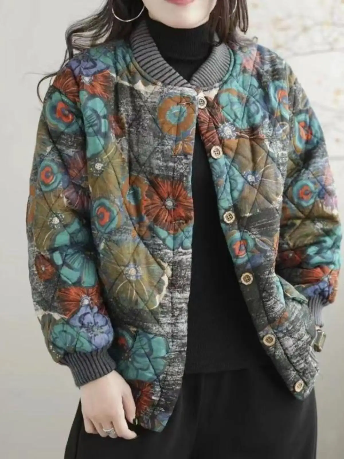 

Loose Fit Casual Cotton Jacket Women's Korean Style Stand Collar Printed Fashionable Autumn Winter New Arrival Ladies Coat