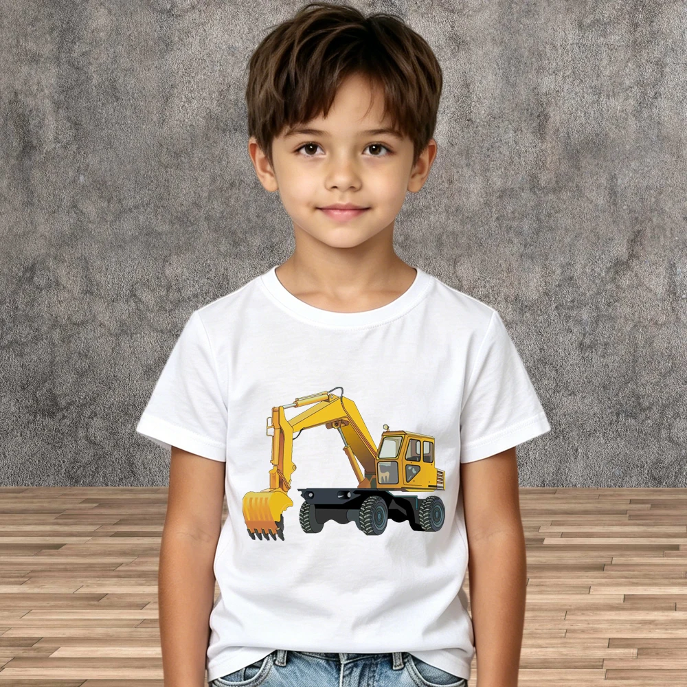 Holiday Wear Boys Excavator Cotton Tops Kids Casual Summer Short Sleeve Shirts
