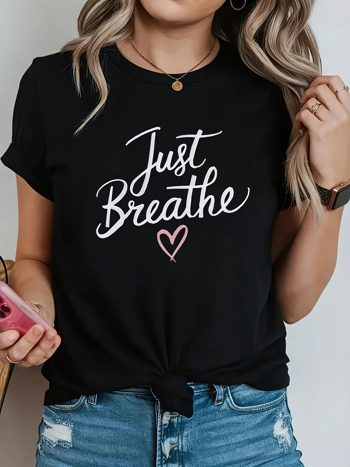 Summer Women Black Round Neck Short Sleeve T Shirt Just Breathe Pink Heart Print Casual Sweet Style Daily Wear Comfortable Fit