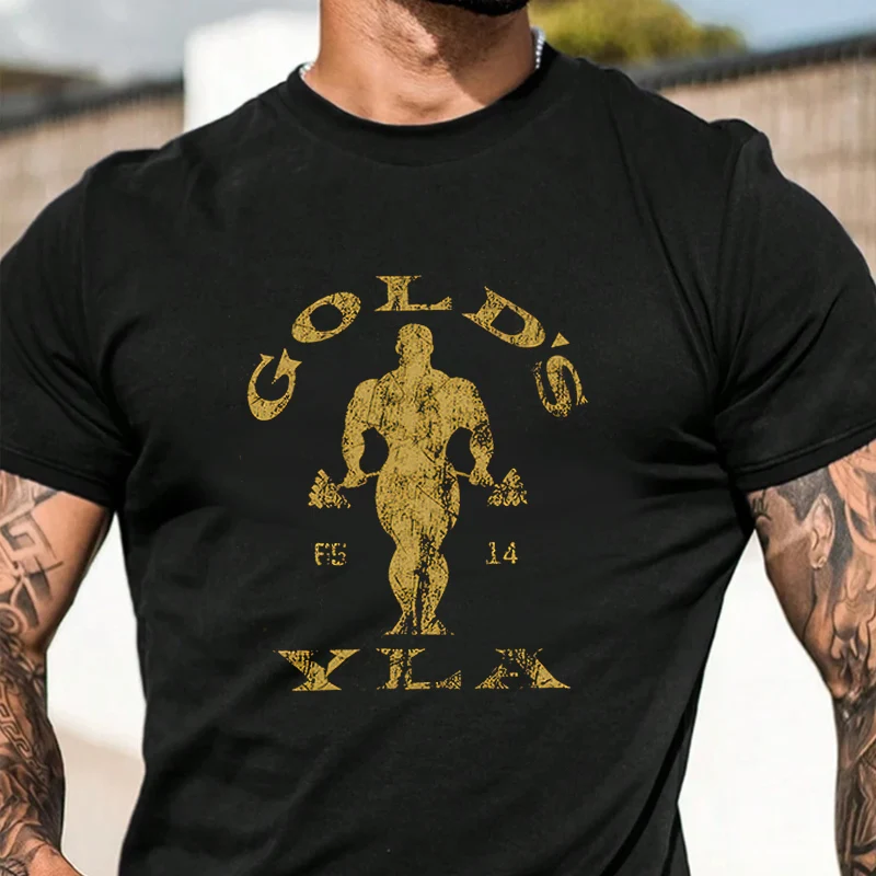 

Gym Motivation Design With Golden Men's Graphic Print T-Shirt Fashionable Casual Street Style Suitable For Travel And Sports Tee