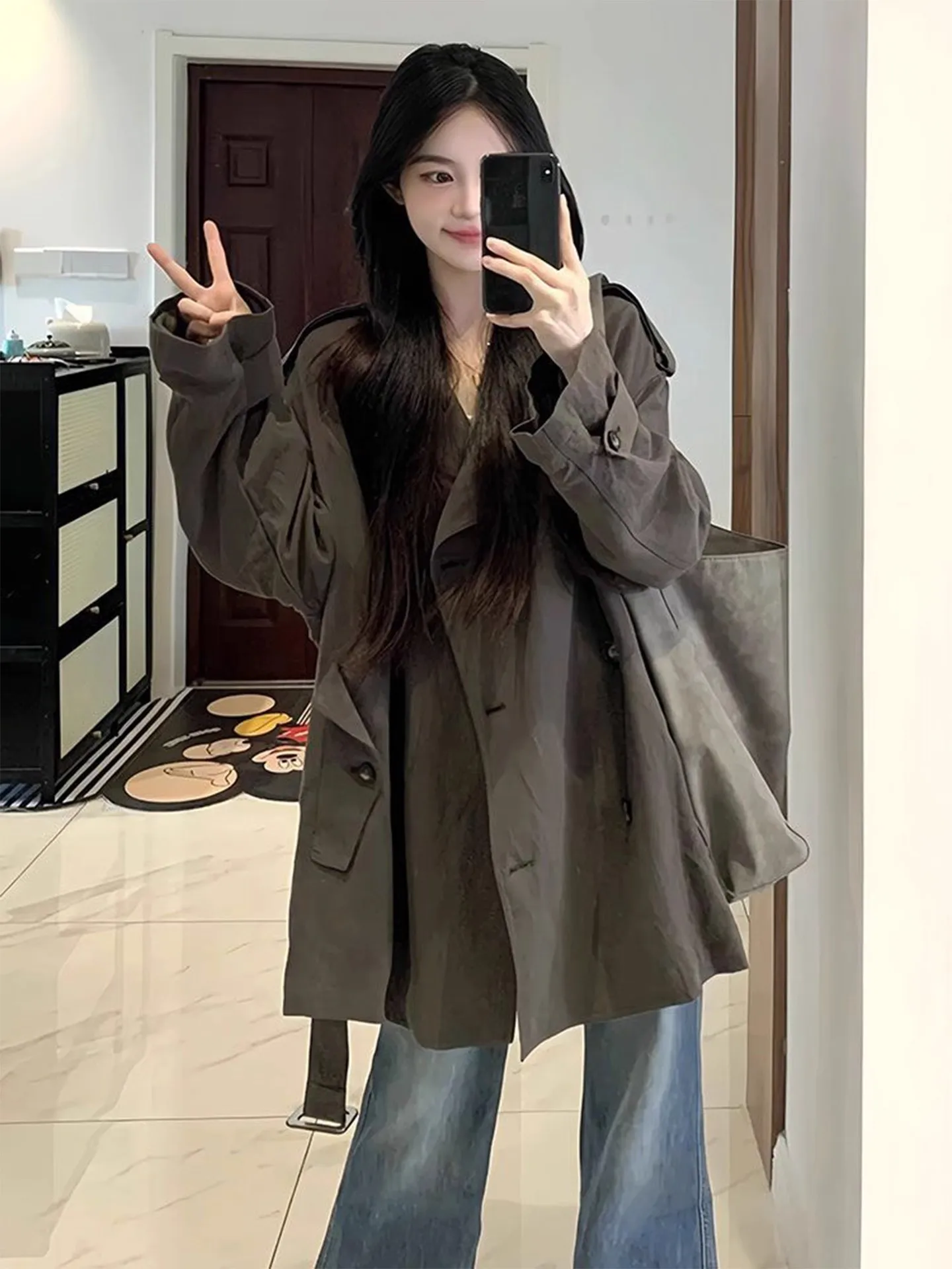 

Коричневое повседневное легкое женское пальто в корейском стиле, средней длины, ветровка, осенняя новинка, приталенное, с длинными рукавами, на одной пуговице