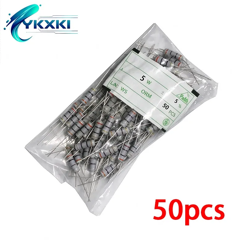 50PCS/LOT 5W 5% carbon film resistor 1R~1M 2R 10R 22R 47R 100R 330R 1K 3.6K 4.7K 10K 22K 100K 470K 51 22 47 330 ohm resistance