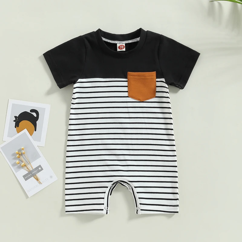 

Summer Newborn Baby Boys Rompers Clothes 0-18M Short Sleeve Crew Neck Striped Patchwork Jumpsuits Playsuit Infant Clothing