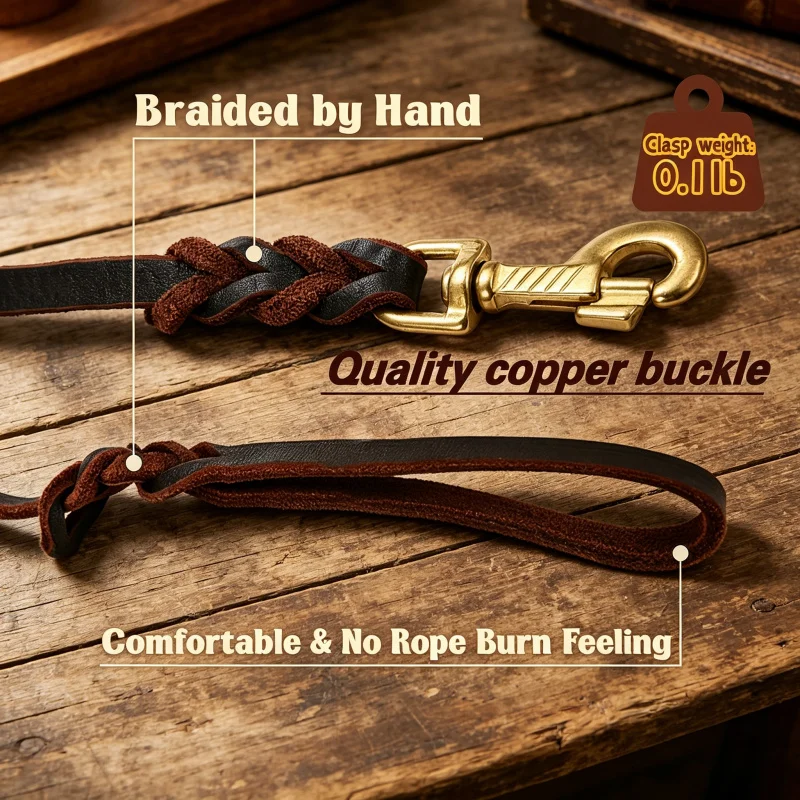 Leather dog leash 6 Feet，Suitable for large-scale、Heavy-duty training leash for medium and small-sized dogs，Genuine woven leathe