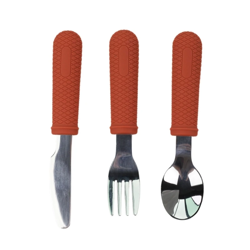 Utensílios primeira alimentação para bebês, aço inoxidável com alças protetoras silicone, talheres treinamento para