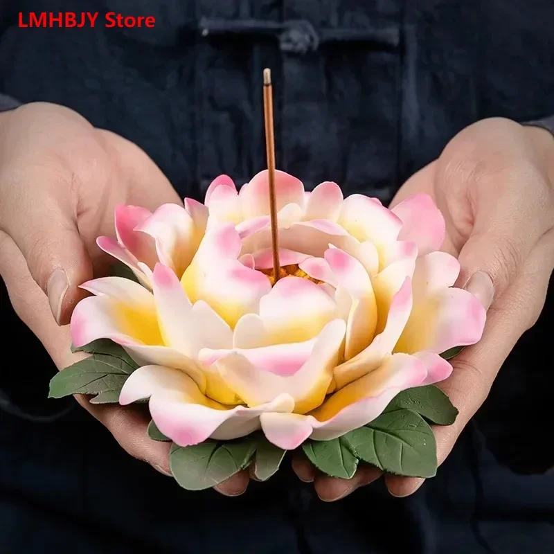 LMHBJY Handheld Flower Fragrance Insert Chinese Ceramic Tea Pet Decoration Peony Zen Fragrance Plate for Home Use