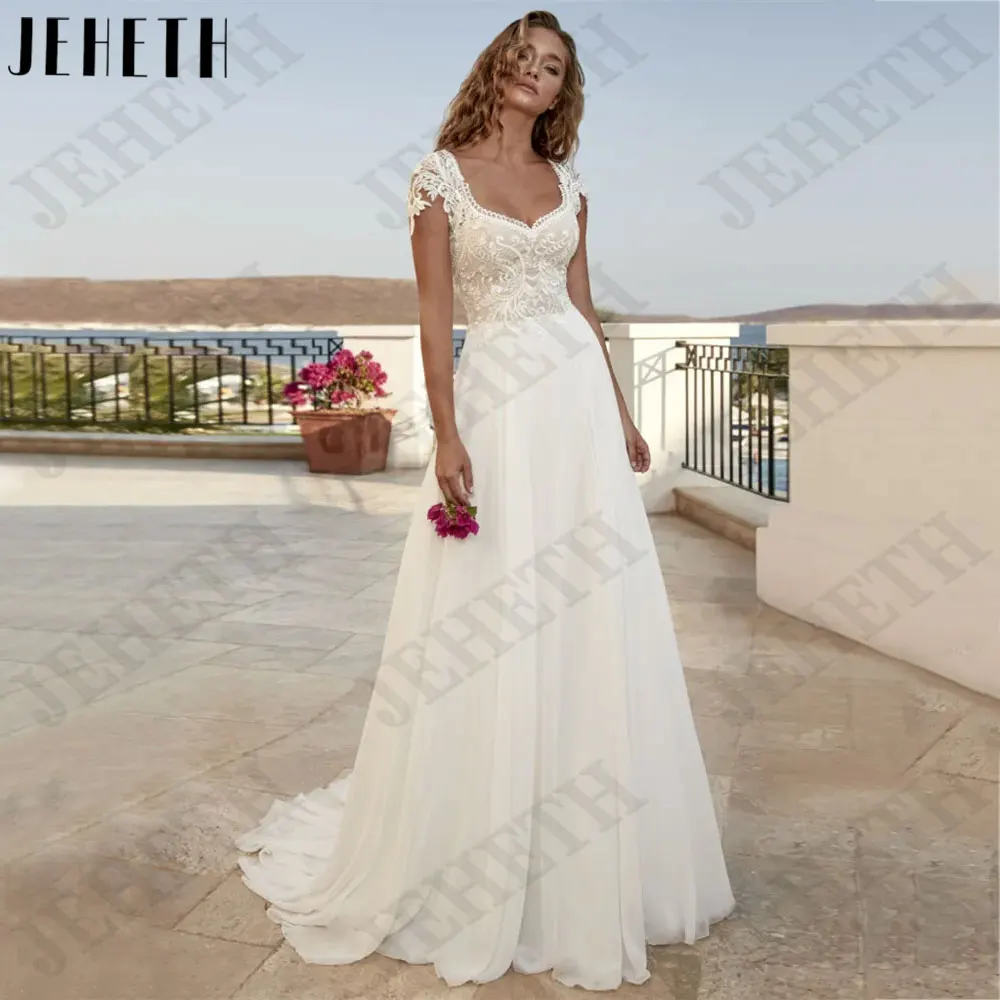 JEHETH V-Neck Lace A-Line Wedding Dresses Boho Chiffon Short Cap Sleeves Bridal Gown Backless Custom Made vestidos de novia 2024