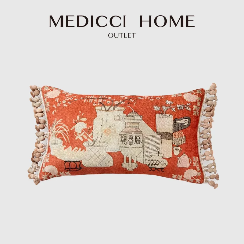 Medicci Home hiszpańska Retro pomarańczowa podkładka lędźwiowa okładka z frędzlami w kształcie wazonu z nadrukiem luksusowa tapicerowana poszewka na poduszkę 30x50cm