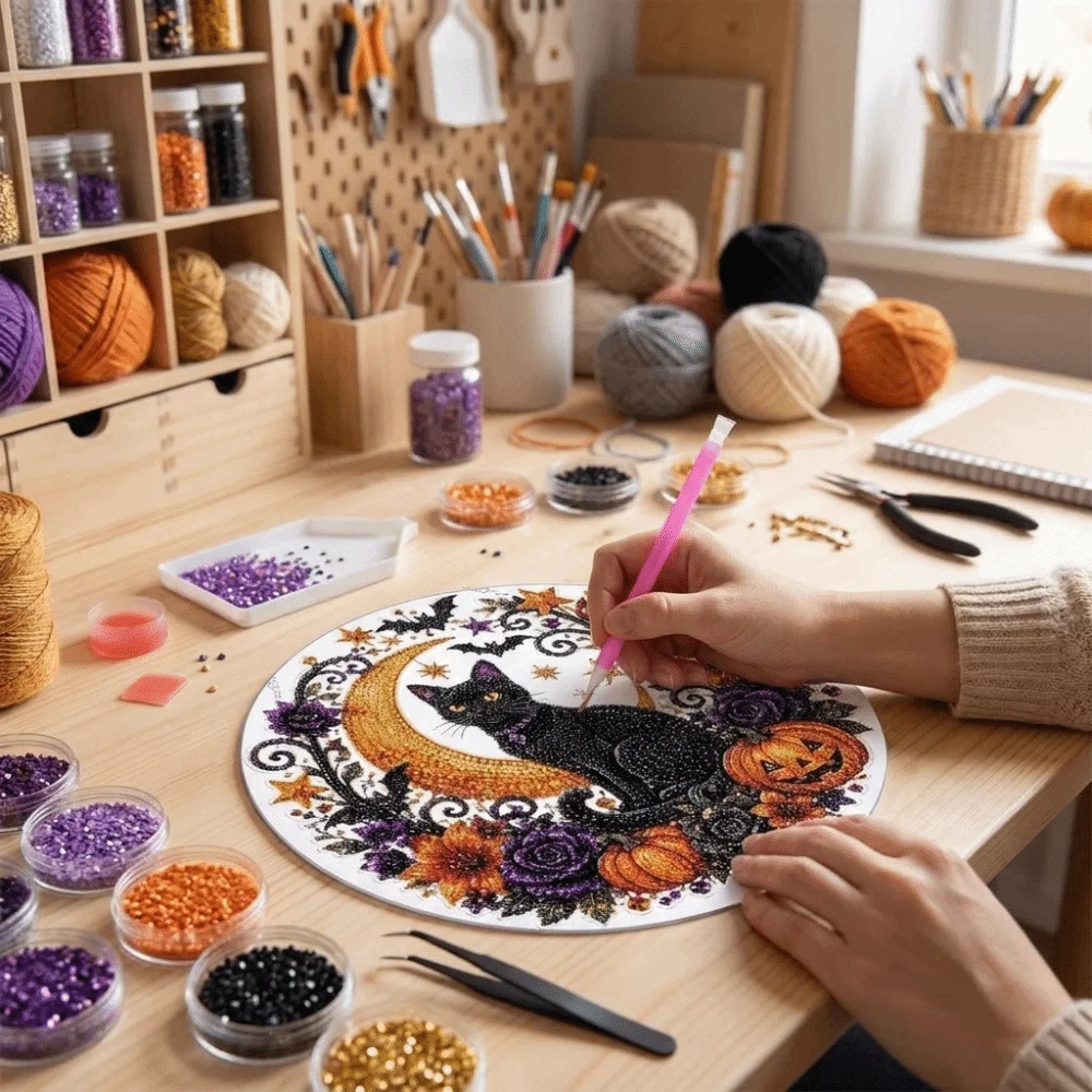 Acrylic Halloween Diamond Painting Kit Round Black Cat Ghost Sun Catcher with Hanging Chain Sparkling Autumn Wreath Ornament