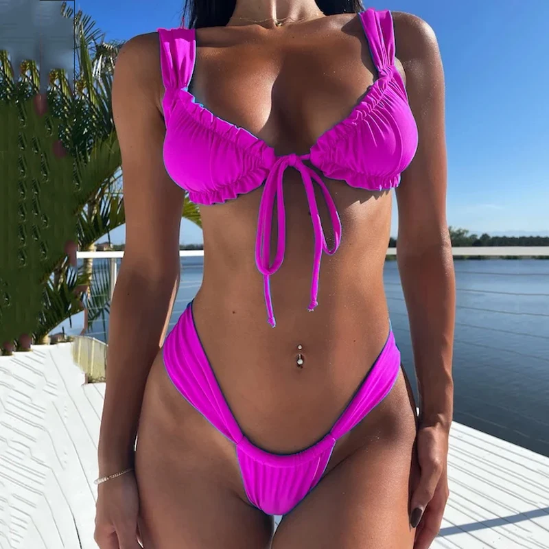 BEACHCICI-Bikini plisado de cintura alta para mujer, traje de baño Sexy con cordones, conjunto de vacaciones, 2023